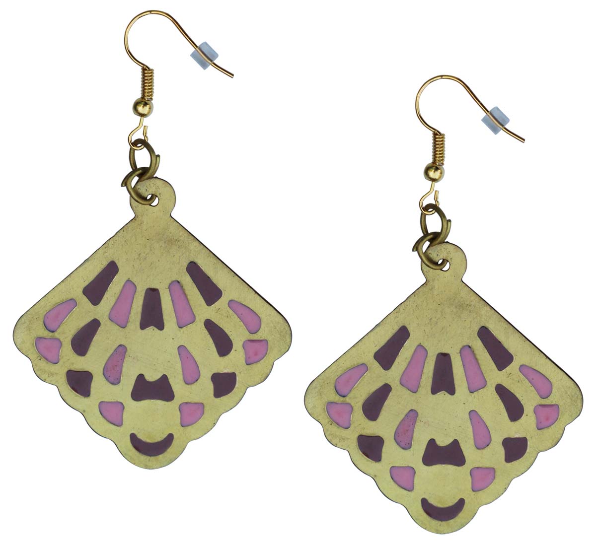 2.5” Rhombus Brass Hook Earrings in Golden Tone with Enameled Pattern - Drop Earrings / Accessories for Her - Buy in Bulk Wholesale